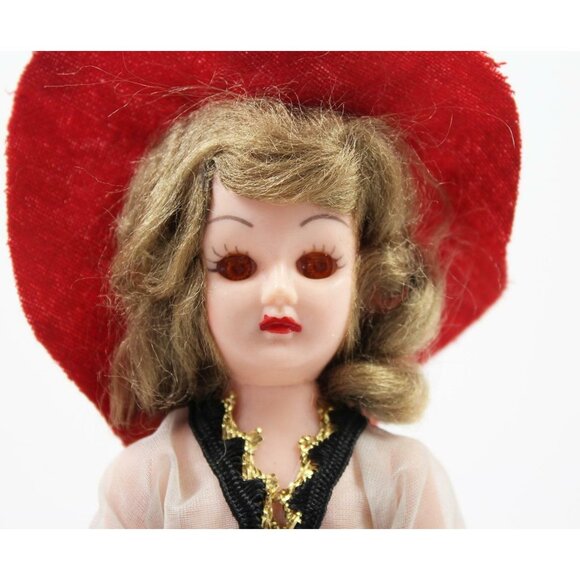 Vintage Plastic Costumed Display Doll Sleep Eyes Frozen Legs Red & White Dress - Picture 2 of 10